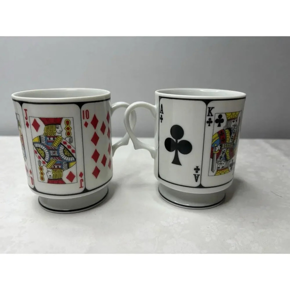 Set Of 2 Straight Royal Flush/Ace King Queen Jack Ten Of Diamonds Pedestal Mug - Picture 2 of 4